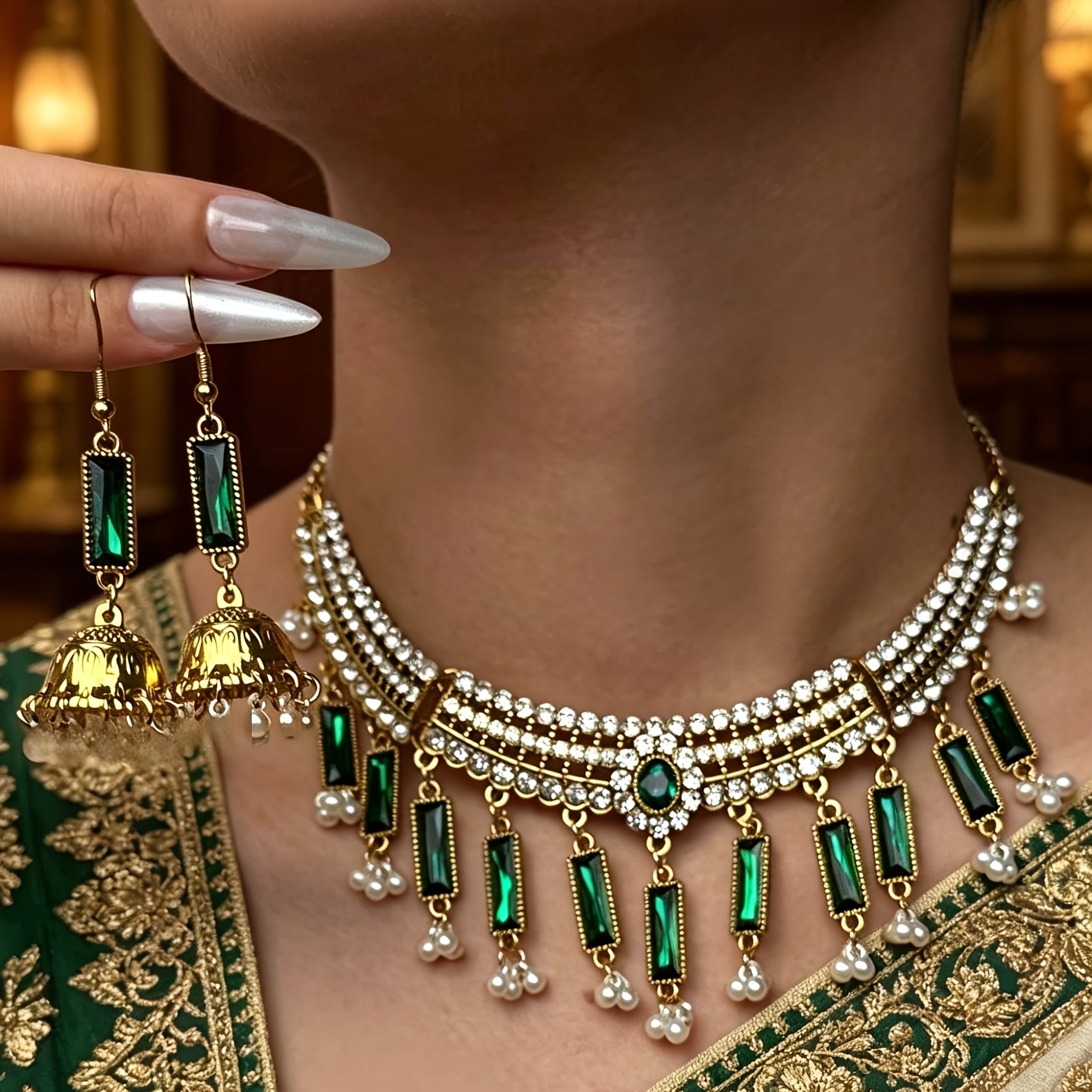 Vintage Golden Tone Black Choker & Bell Drop Earrings Set